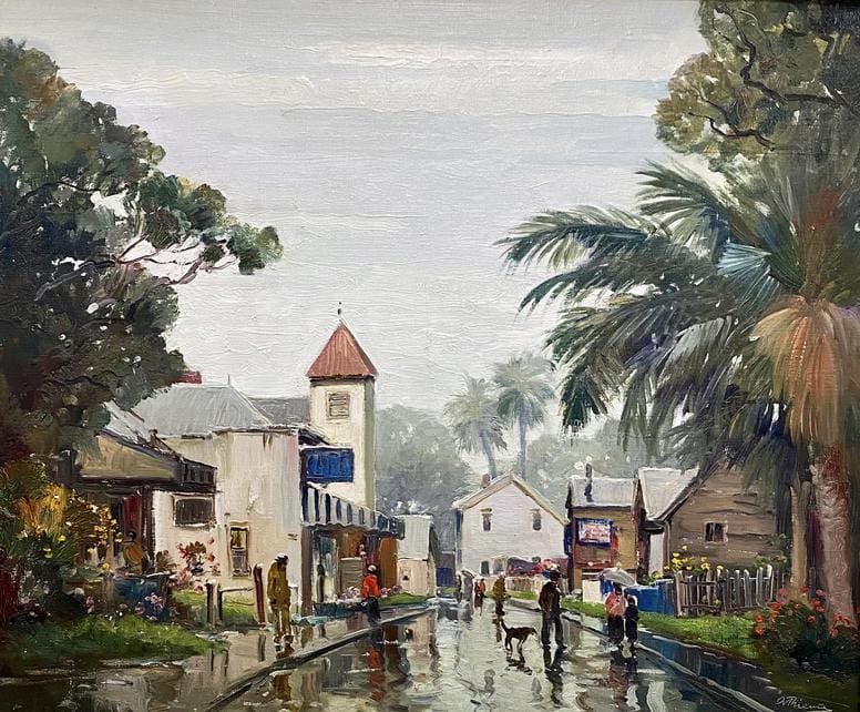 A painting showcases a rainy street scene with people walking. Buildings with varied architecture line the street, and palm trees add to the serene, reflective atmosphere.