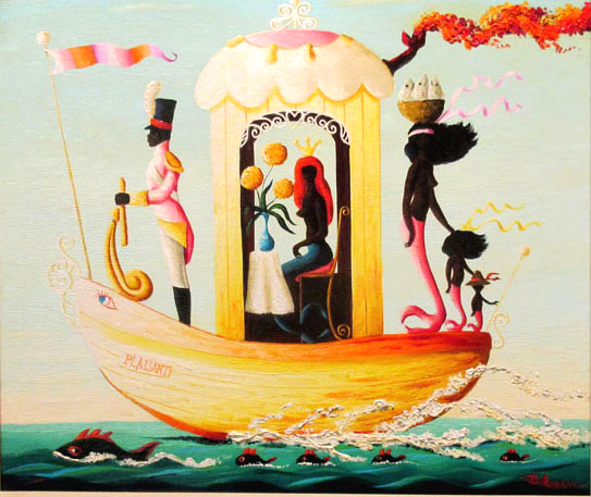 A whimsical painting depicts a boat with three figures. One is rowing, another is inside a cabin with a flower vase, and the third stands at the back holding a flame. Fish swim in the water below.