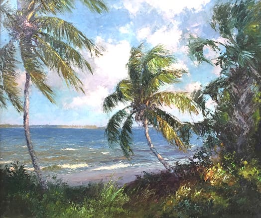 A scenic painting of a beach with palm trees, grassy foreground, and waves crashing in the background under a partly cloudy sky.