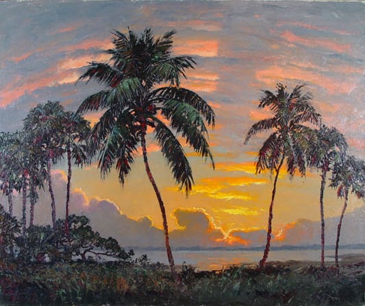 A tropical sunset scene with tall palm trees silhouetted against an orange and pink sky, with calm waters and clouds in the background.