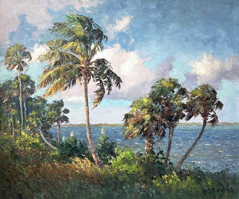 Oil painting of a coastal landscape with palm trees swaying in the wind, a blue sky with scattered clouds, and a calm sea in the background.