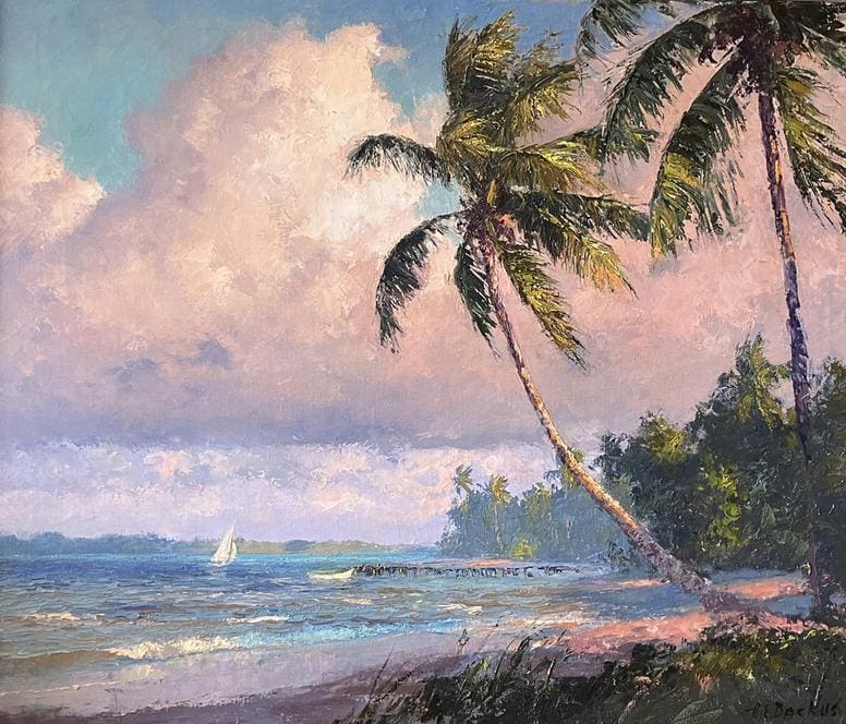 A tropical beach scene with tall palm trees, a sailboat on the ocean, and cloudy skies in the background.