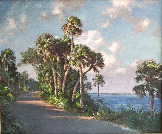 Painting of a coastal scene with a dirt path surrounded by palm trees on a sunny day. The path runs parallel to the water, with the ocean visible in the background.