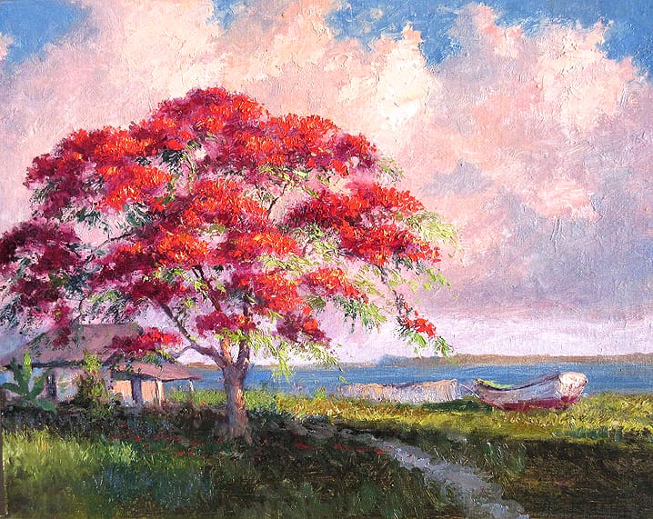 A vibrant tree with red flowers stands beside a small house and a boat near a calm waterfront under a partly cloudy sky.