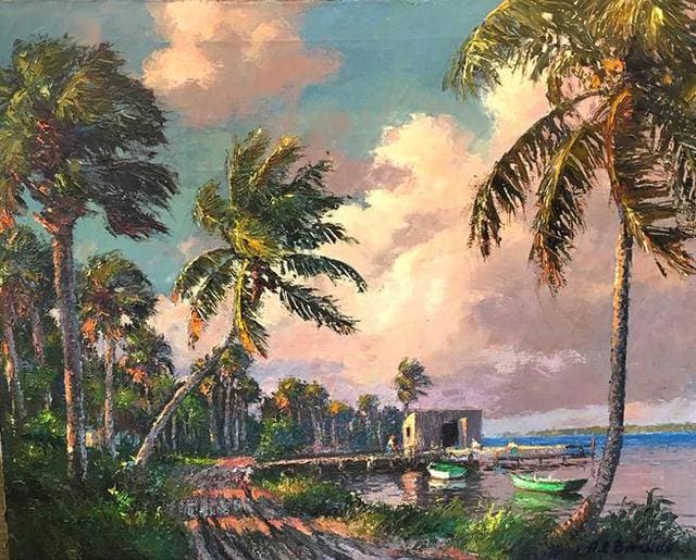 A painting of a tropical seashore with palm trees, a sandy path, and boats docked by a small building next to the water. The sky is partly cloudy with shades of pink and blue.