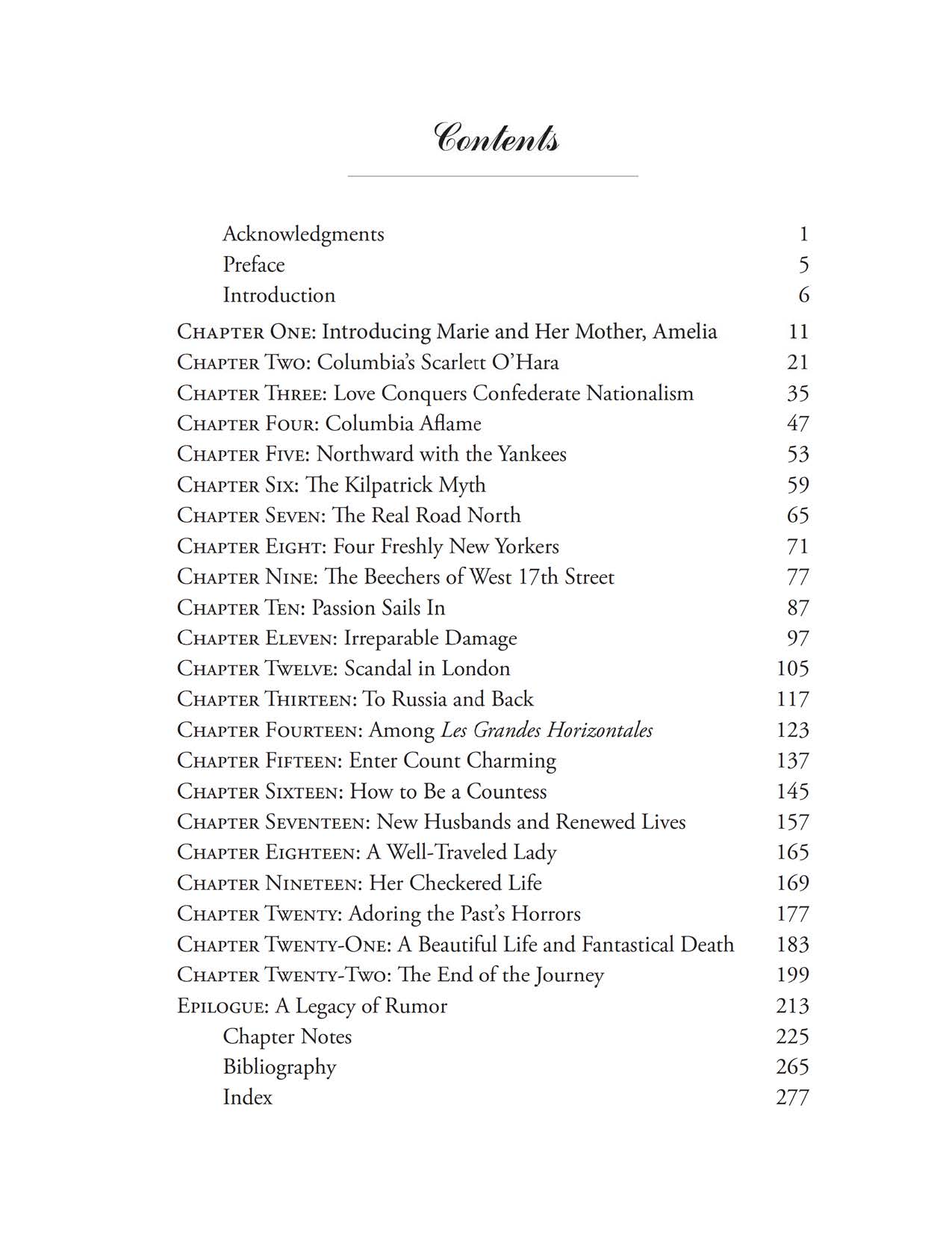 Table of contents page listing chapters and sections of a book, starting with acknowledgments, preface, introduction, and followed by 21 chapters, an epilogue, notes, bibliography, and index.