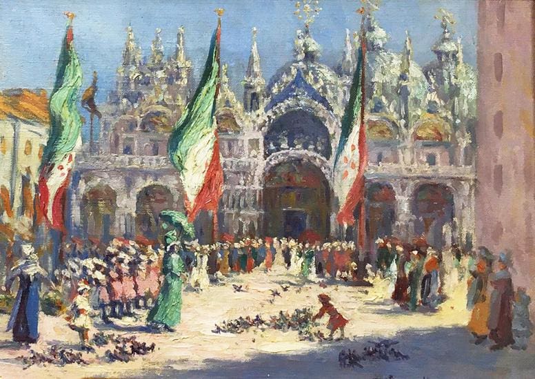 Painting of a lively scene in front of a detailed cathedral with Italian flags, numerous people in festive attire, and pigeons scattered on the ground.