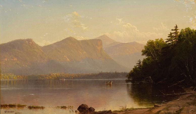 A serene lake with a few boats, surrounded by mountains and trees, under a clear sky with some clouds. Painting by Sanford Robinson Gifford.