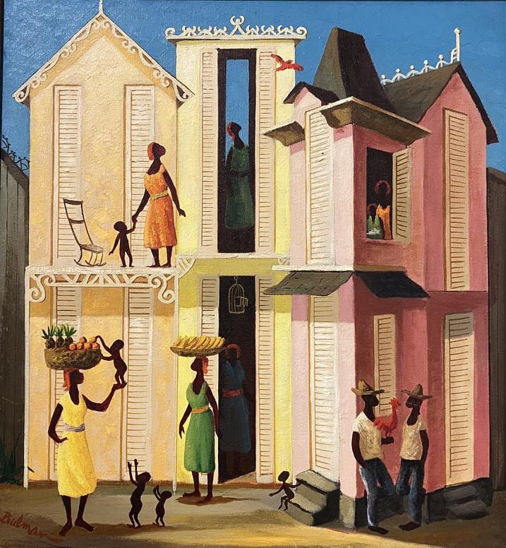 A colorful painting depicts an old, two-story building with people engaging in daily activities. Women carrying baskets on their heads, a man smoking, and children playing are visible around the house.