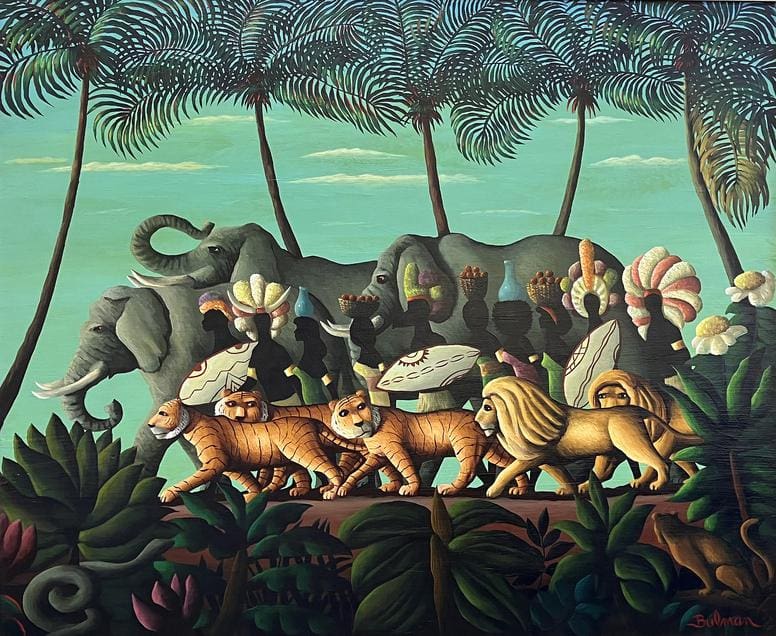 Painting depicts an elephant and a lion leading a parade of various animals and figures carrying elaborate decorations through a jungle setting with tall palm trees.