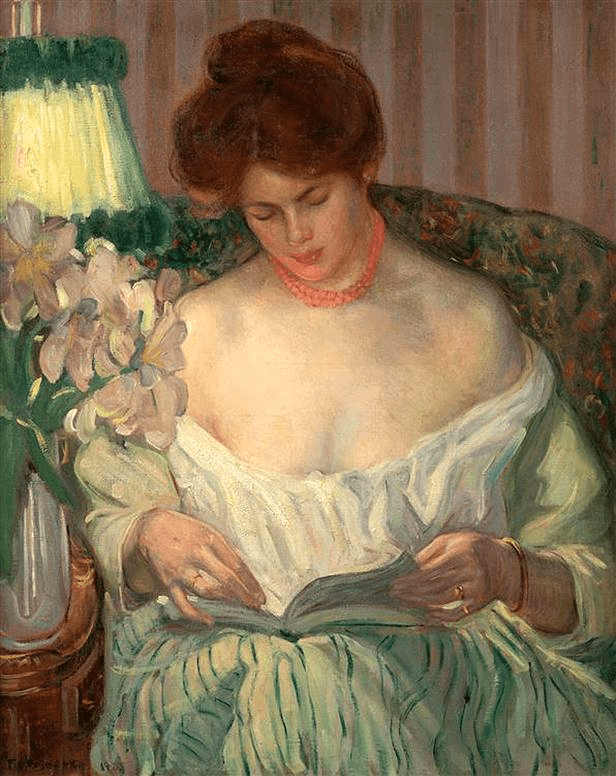 A painting of a woman with red hair and a red necklace, reading a book while seated on a green chair. She is wearing a white off-shoulder dress with green skirt. Flowers are presented beside her.