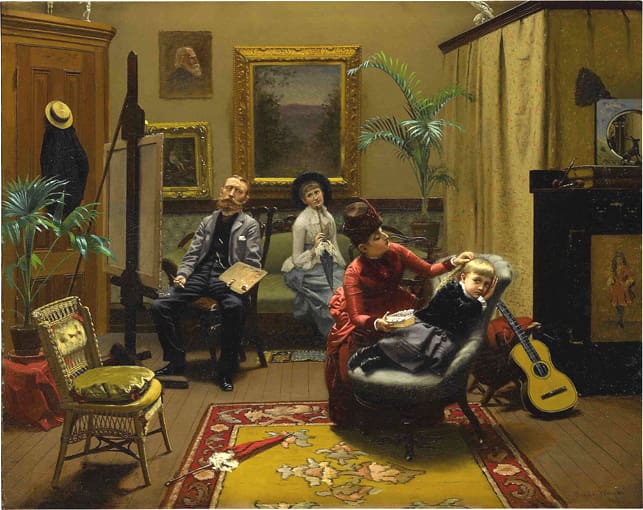 A Victorian-era family gathered in a room: two adults seated in the background, a woman in red attending to a child's hair on a chaise lounge, surrounded by a guitar, an easel, and paintings.