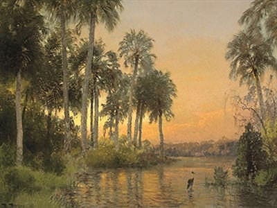 A scenic landscape painting depicting a tranquil river flanked by tall palm trees at sunrise or sunset.