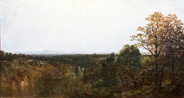 A serene landscape painting depicts a vast, lush forest with trees transitioning to autumn colors. The horizon shows distant mountains under a clear sky, creating a peaceful and expansive view.