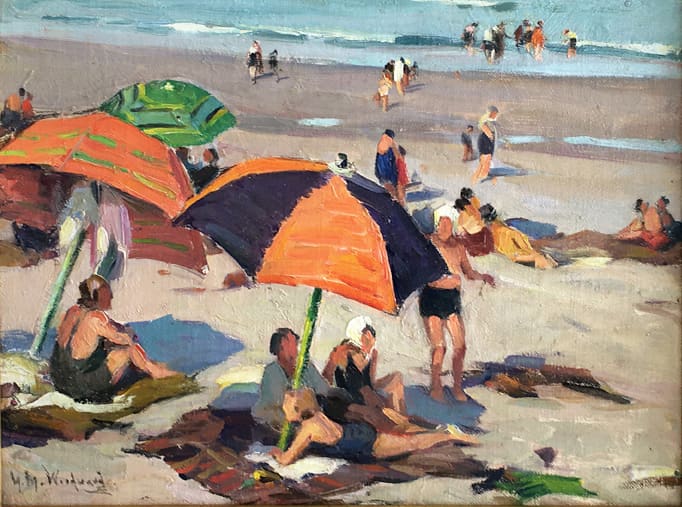 A painting depicts a crowded beach scene with people relaxing under colorful umbrellas and others walking near the shoreline on a sunny day.