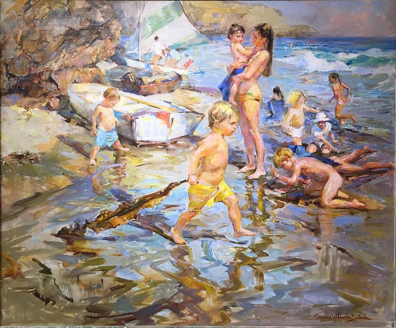 A painting depicting a beach scene with adults and children playing near the water and a sailboat in the background.