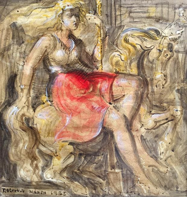 A watercolor painting depicts a woman in a red skirt sitting on a carousel horse. The artwork is signed and dated "Reginald Marsh 1953" in the lower left corner.