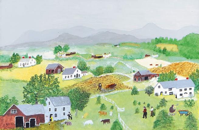 A rural landscape with various farm buildings, fields, animals, and people engaged in farming activities. The scene is surrounded by distant mountains and a cloudy sky.