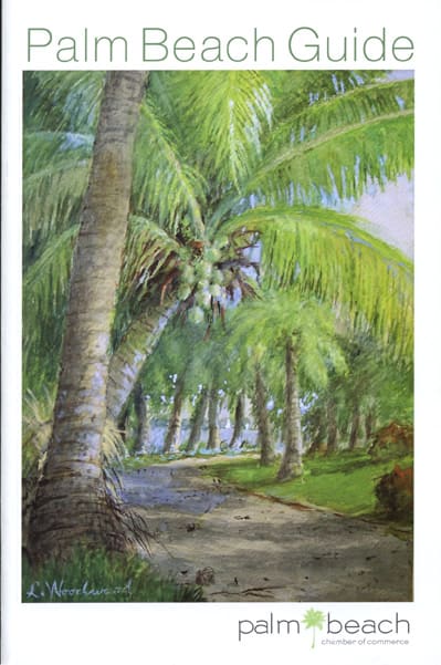 Cover of Palm Beach Guide featuring a painting of a pathway lined with tall, lush palm trees. The bottom right corner displays the Palm Beach Chamber of Commerce logo.