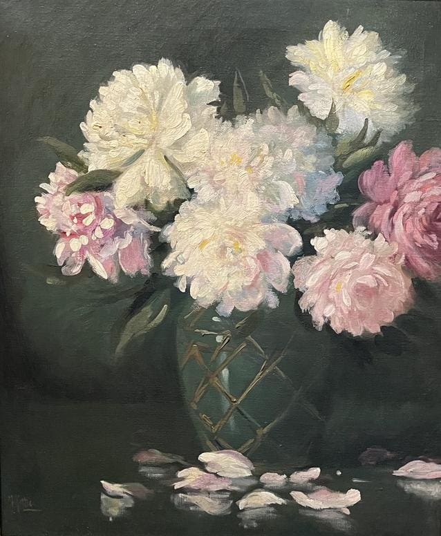 A painting of white and light pink peonies in a green vase. Some petals have fallen on the surface below. The background is a dark shade.