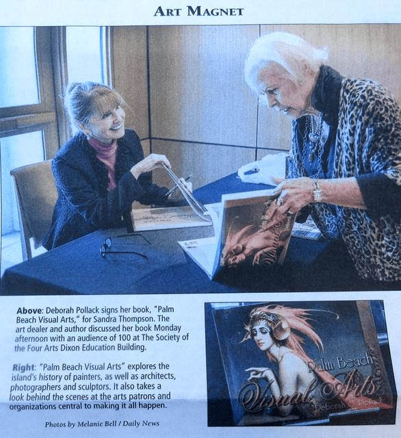 Two women at a book signing event. One is the author, the other a book dealer. A book cover titled "Palm Beach Visual Arts" is visible. Caption credits photos to Melanie Bell/Daily News.