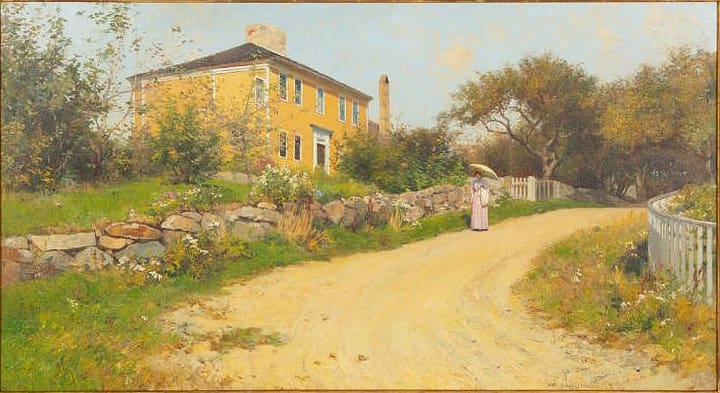 A figure in a long pink dress and a sunhat walks along a dirt road toward a yellow house on a hill, surrounded by greenery and a stone wall.