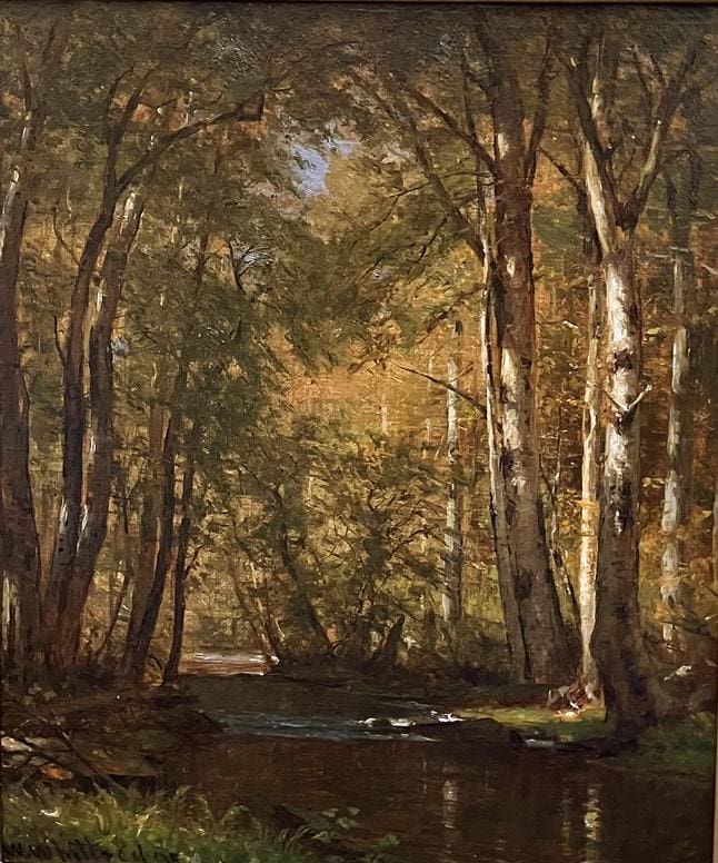 A painting depicts a serene forest scene with towering trees, a stream running through the center, and sunlight filtering through the leaves.