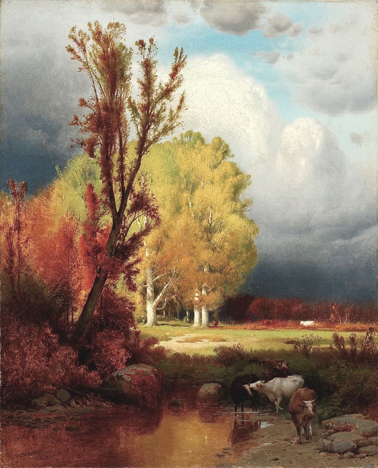 A landscape painting featuring cows standing near a water body, surrounded by tall trees with autumn foliage under a cloudy sky.