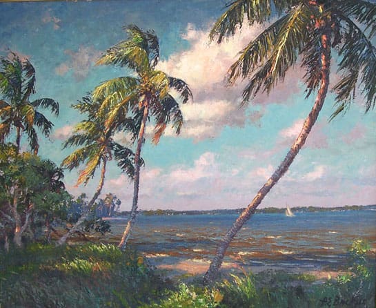 Painting of a coastal landscape with palm trees, a calm sea, and a distant sailboat under a partly cloudy sky.