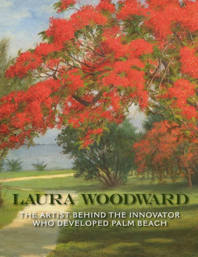 Illustration of a vibrant landscape with a flowering tree, grassy path, and coastal view. Text reads: "Laura Woodward, the artist behind the innovator who developed Palm Beach.