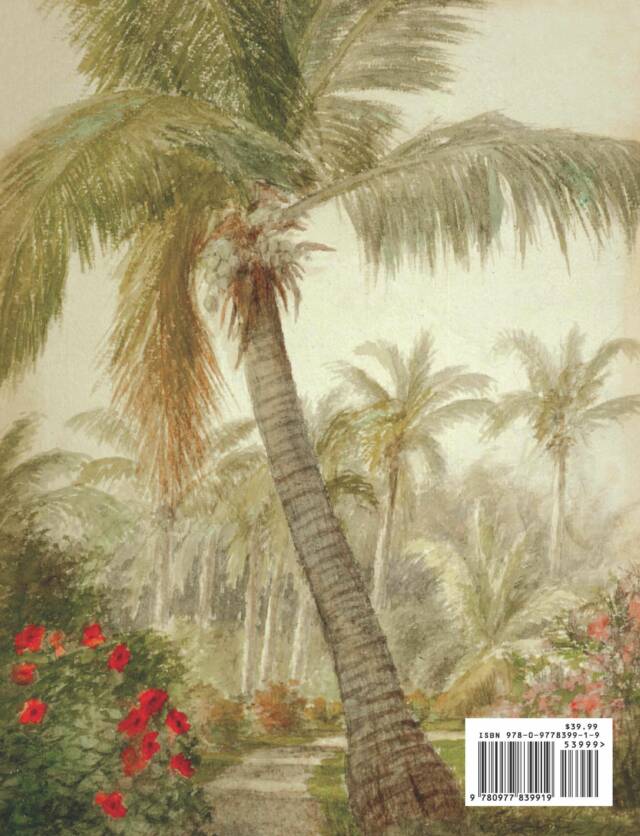 Illustration of a tropical landscape featuring a leaning palm tree, red flowering plants, and distant palm trees on a hazy background. A barcode is visible in the bottom right corner.