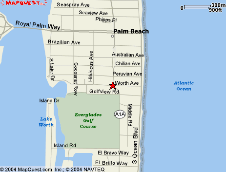 Map showing Palm Beach, Florida, highlighting main roads including Worth Ave and Golfview Rd, and features like the Atlantic Ocean, Everglades Golf Course, and Lake Worth.