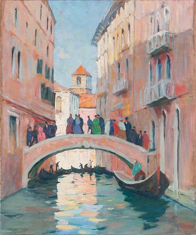 A painting of a Venetian canal scene featuring a bridge with people standing on it, colorful buildings on both sides, gondolas in the water, and a church tower in the background.