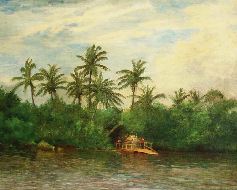 Painting of a small boat traveling along a tree-lined river with several palm trees on the bank, under a partly cloudy sky.