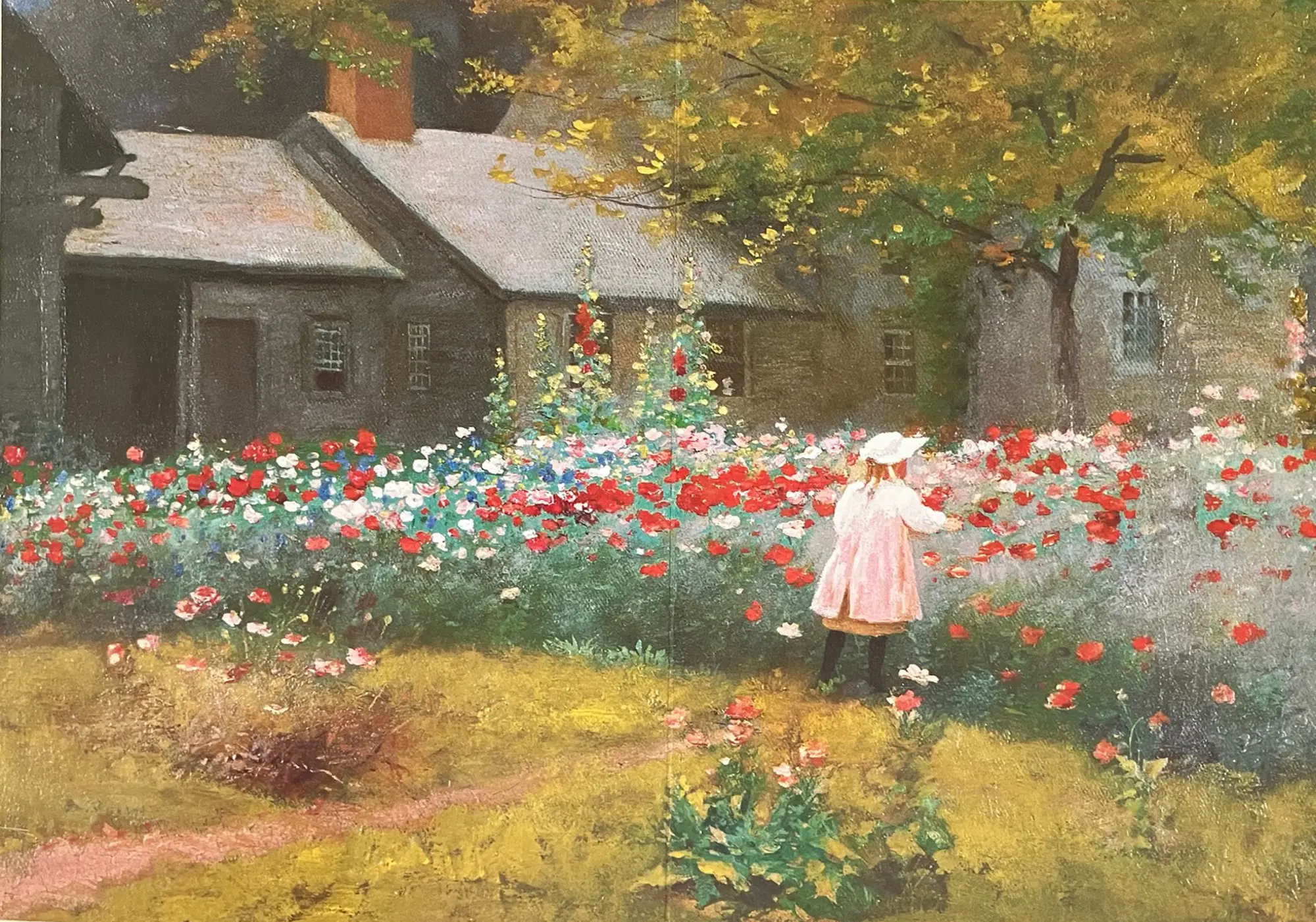 A painting of a girl in the garden