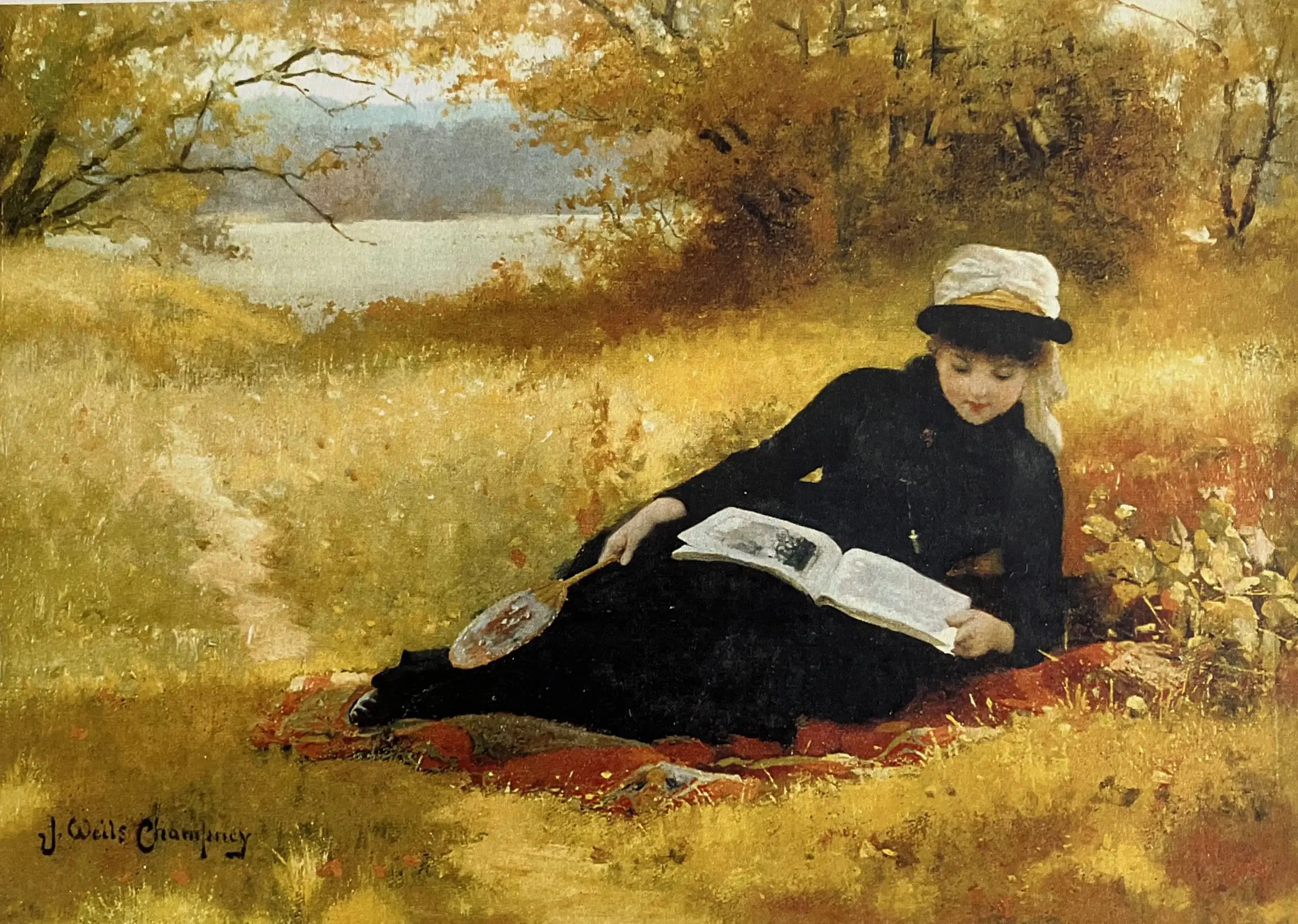 A painting of a woman sitting on the ground reading.