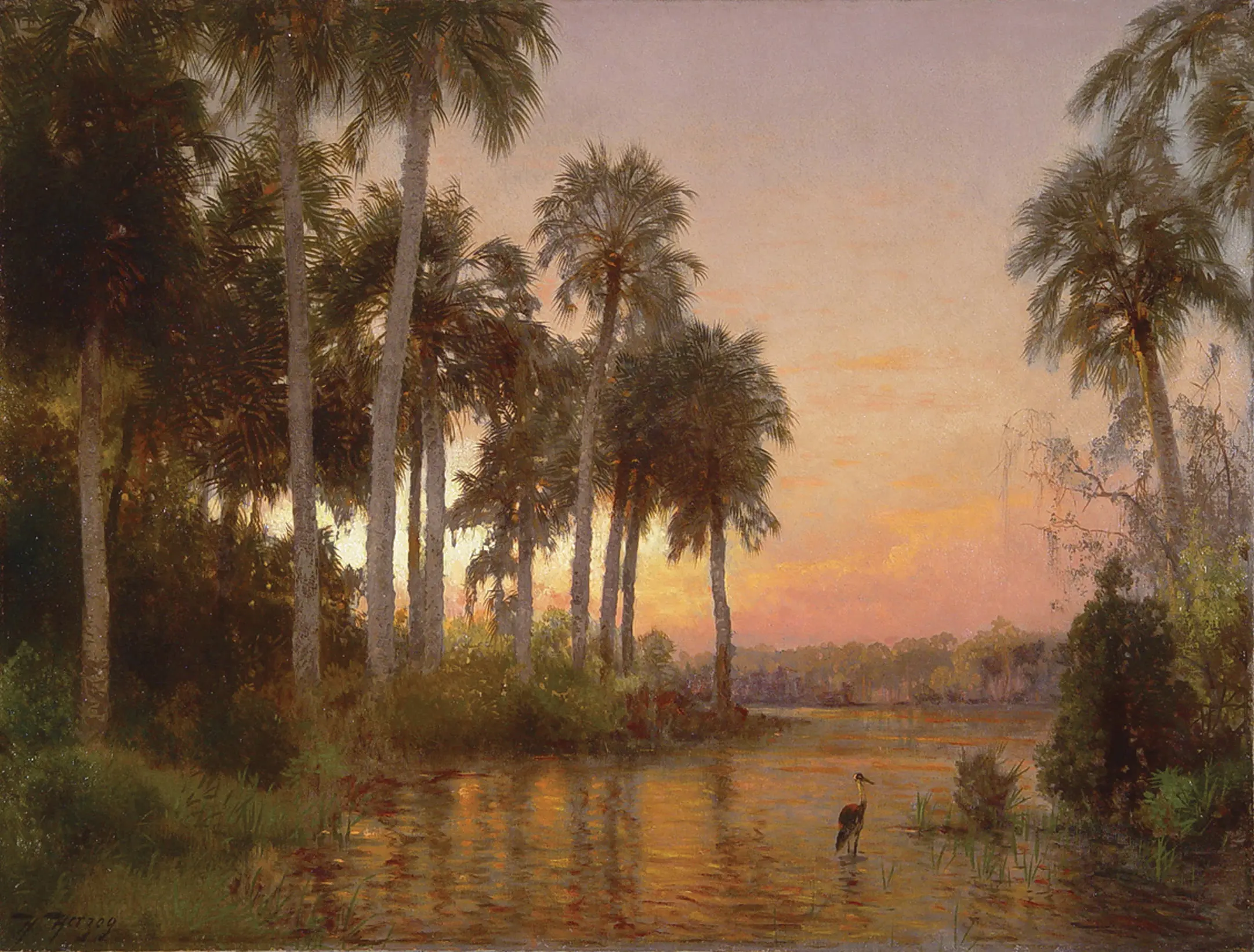 A painting of trees and water at sunset