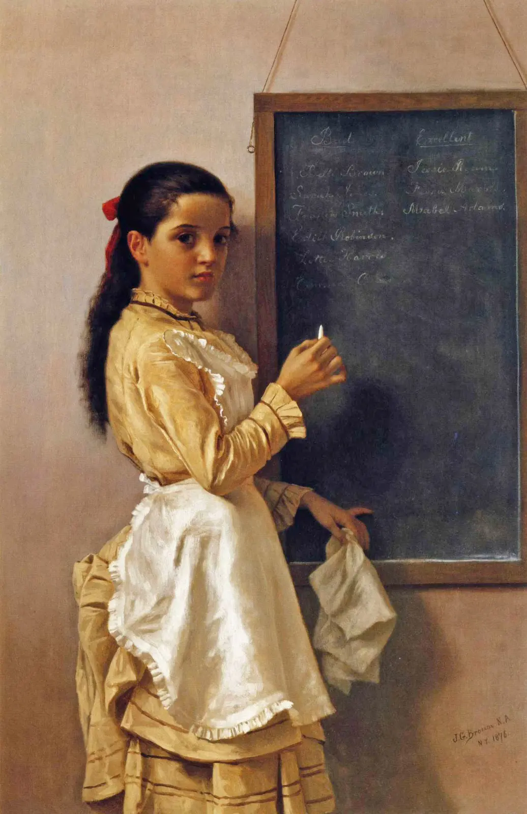 A girl in an apron standing next to a chalkboard.