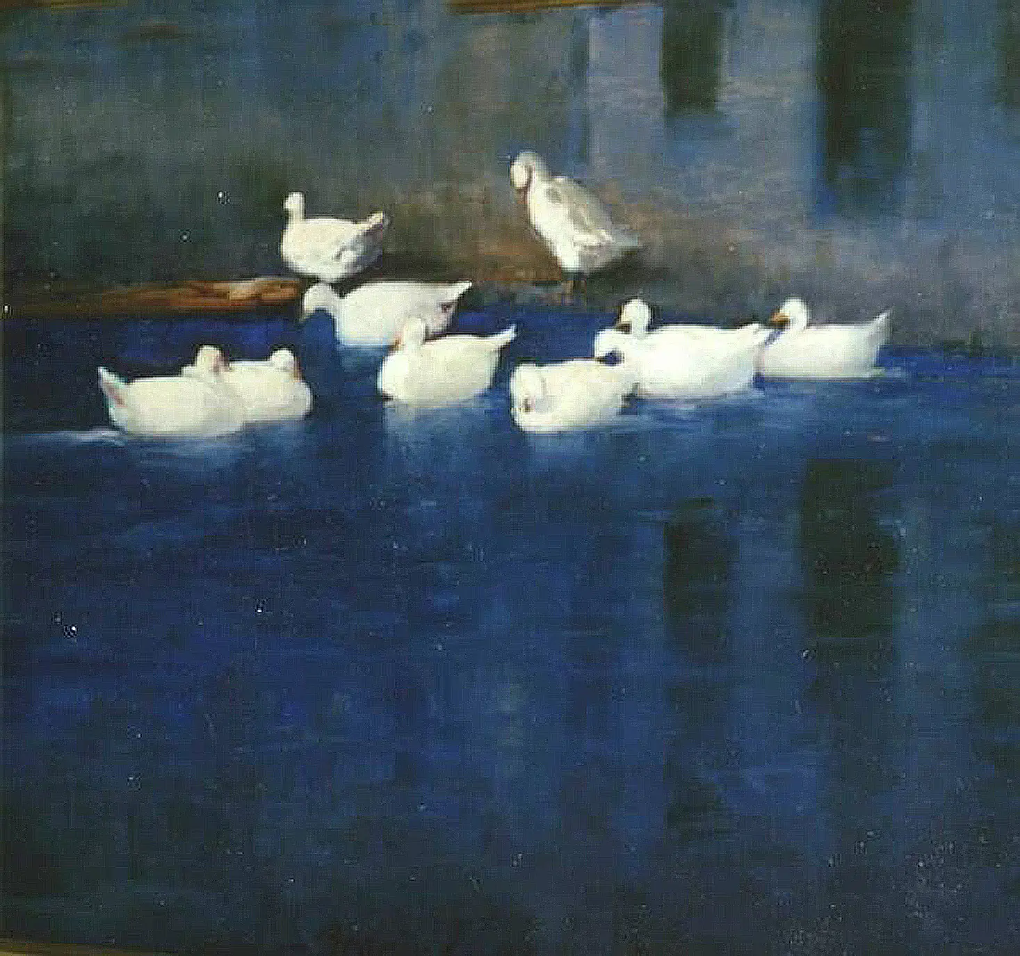 A painting of ducks swimming in the water