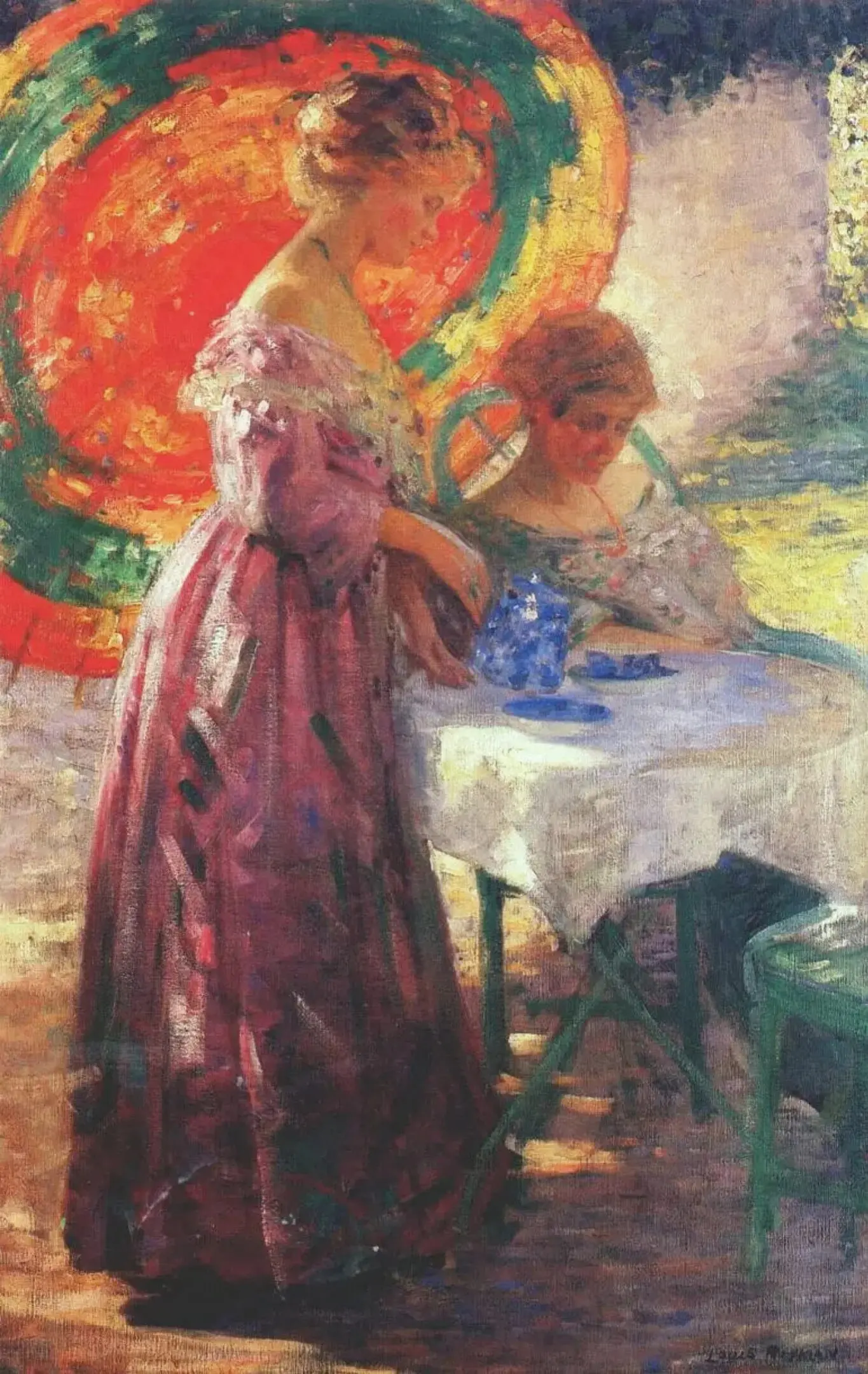 A painting of two women in dresses at a table