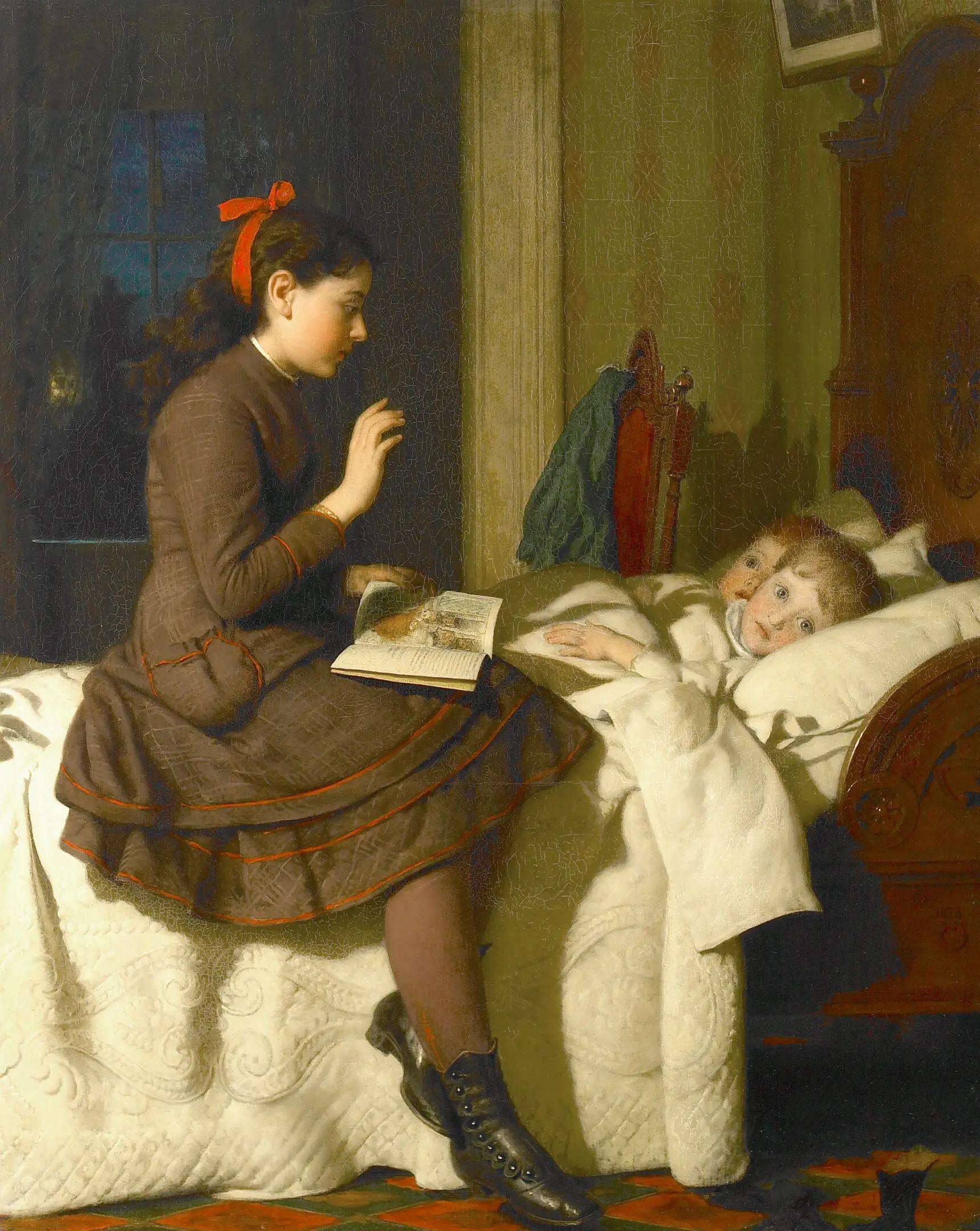 A painting of two children in the bed