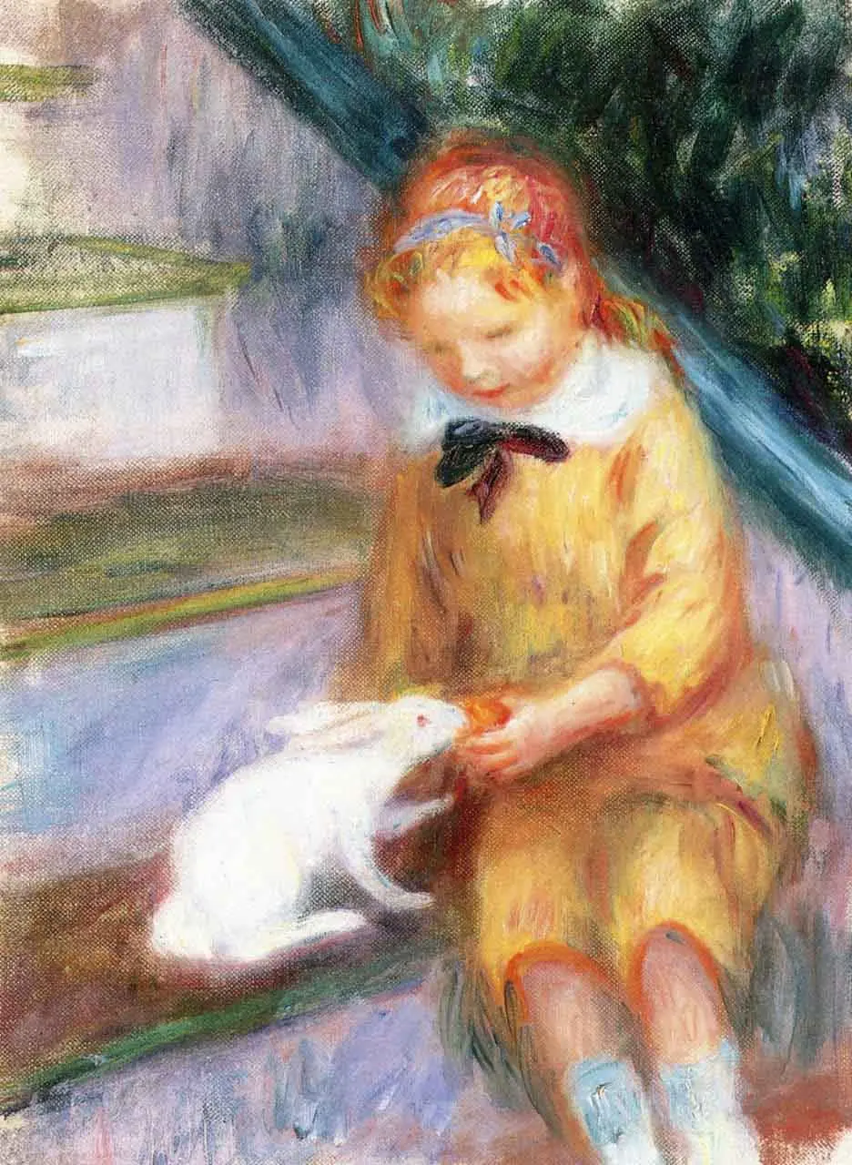 A child in yellow dress holding a white rabbit.