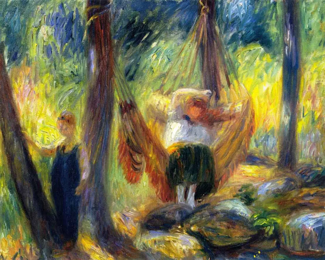 A painting of two people hanging from ropes in the woods.