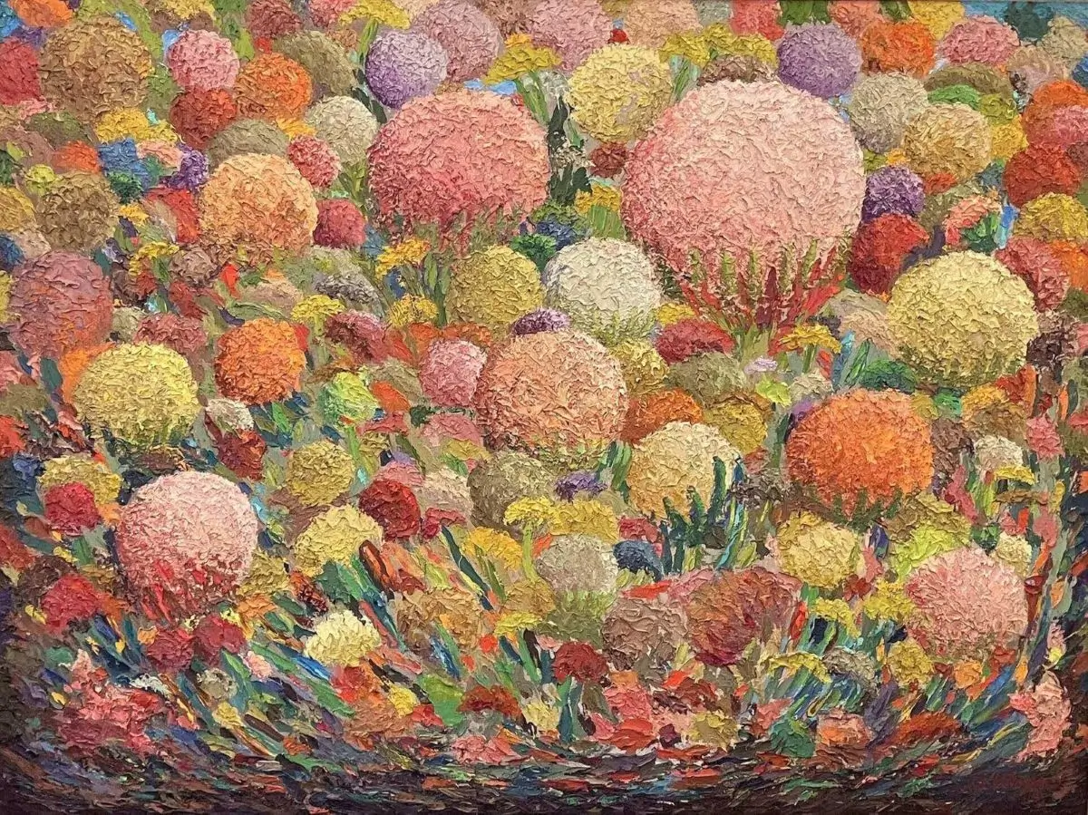Colorful abstract painting of textured flowers.